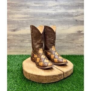 Roper Youth - Size 2 - Brown / Tan Ostrich Print Square Toe Cowboy Boots 2102